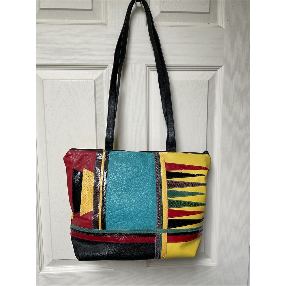 Carlos Falchi Vintage Snakeskin Leather Multicolor Handbag Tote Tribal Southwest
